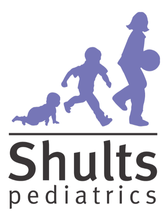 Shults Pediatrics' Logo which has a graphic of 3 children running to the right with the office's name underneath